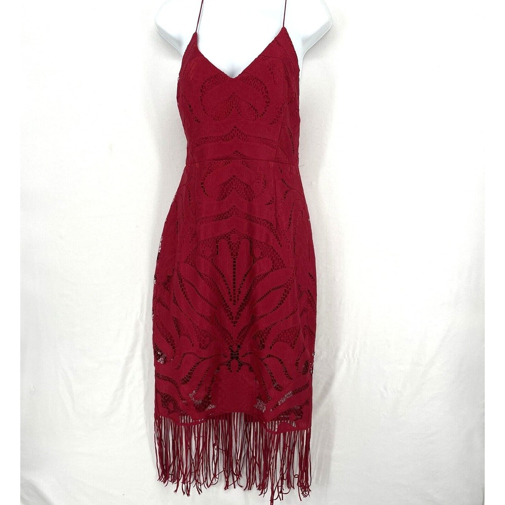 Twosisters Khaleesi Dress Red Open Laced Back Midi Size M 6 Lace Fringe